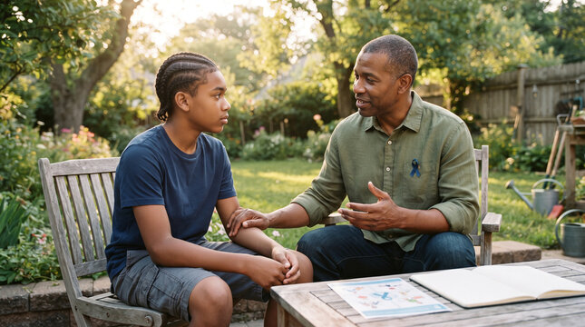 Father teaching his teenage son about the importance of taking care of his health, relaxed conversation in a backyard, Blue November: prostate cancer awareness and prevention