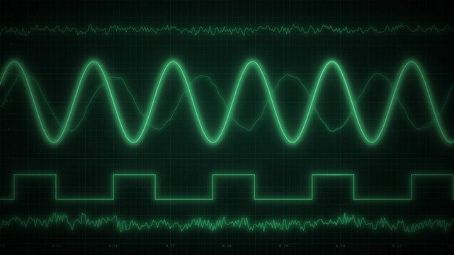 Green phosphor oscilloscope waveforms moving on retro screen, glowing sine, square and noise signal waves, electronic measurement and science data