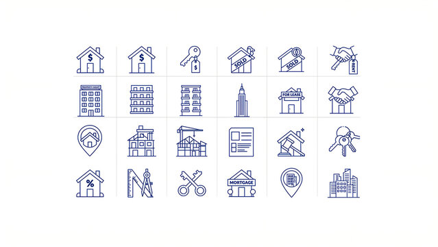 &ldquo;Minimalist blue line‑style icon collection illustrating real estate, property management, and construction &mdash; featuring houses, keys, buildings, cranes, and location pins &mdash; arranged in a clean grid la