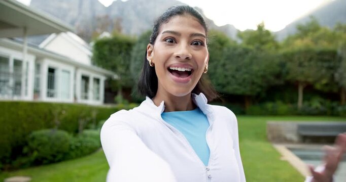 Face, wave and fitness woman in backyard with live stream, advice and content creation for exercise. Happy, person and influencer talk outdoor by home with hello, POV or workout tips on social media.
