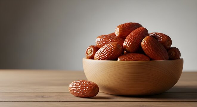 Bowl of fresh dates on wooden table with soft natural lighting, healthy food concept, Ramadan iftar, Islamic tradition, traditional meal, and minimalist lifestyle background