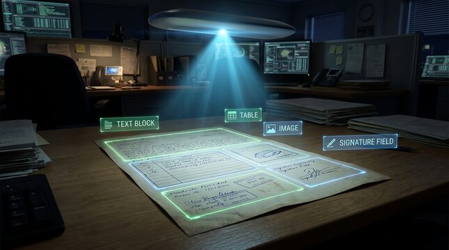 Holographic scanning light analyzing physical paper documents on office table at night.