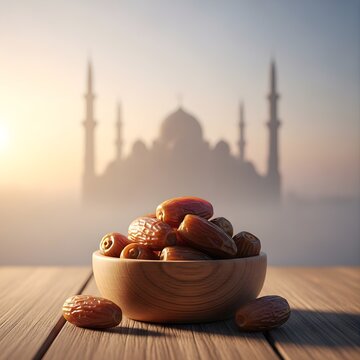 Wooden bowl filled with dates on table with mosque silhouette and soft golden sunrise background, Ramadan iftar food concept for Islamic holiday, spiritual celebration and traditional lifestyle
