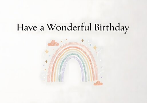 Whimsical handdrawn rainbow with clouds and stars text have a wonderful birthday
