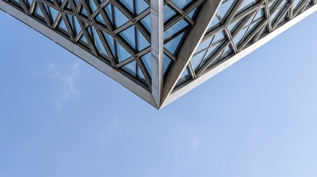 A close-up, low-angle view of a modern building's sharp geometric corner against a clear blue sky, emphasizing its architectural design