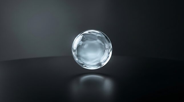 Single clear glass sphere levitating with reflections on dark grey surface and background