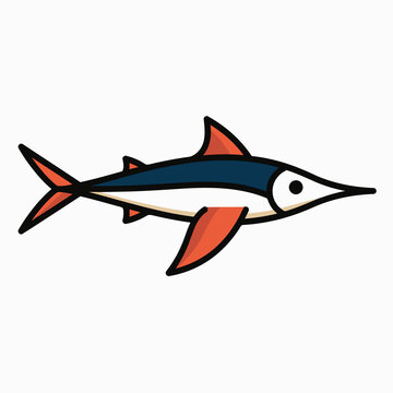 Blue swordfish with orange fins and long pointed bill, flat vector illustration with black outline, cartoon marine fish isolated on white background