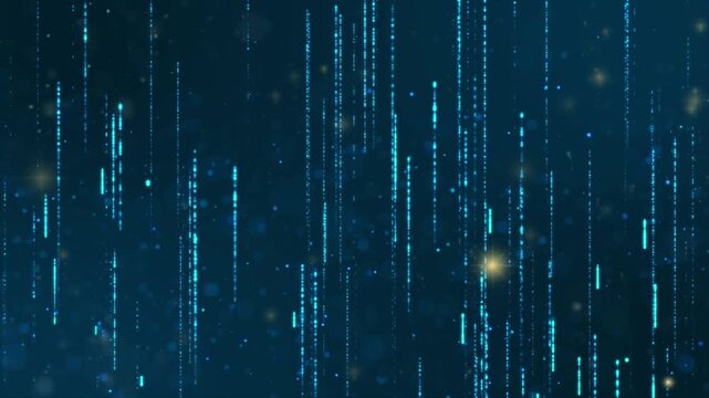 Digital matrix code rain streams vertically with glowing particles on an abstract blue technology background.