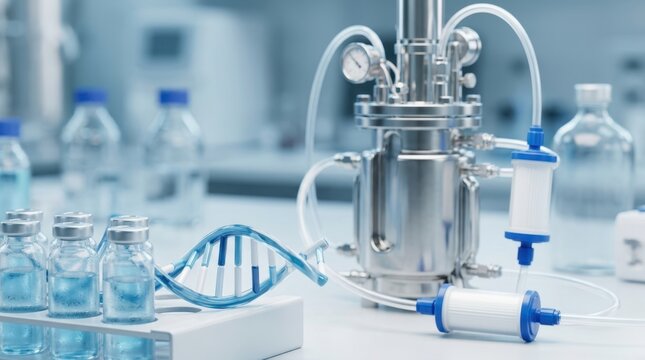 Stainless bioreactor, sterile filter cartridges, nucleic acid helix model and chilled vials representing mRNA vaccine synthesis and manufacturing
