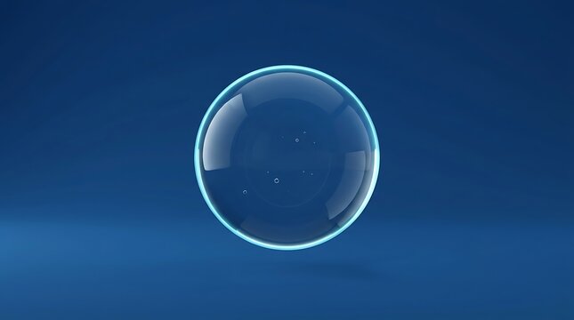 Single luminous transparent sphere with a glowing blue rim against a dark blue gradient background