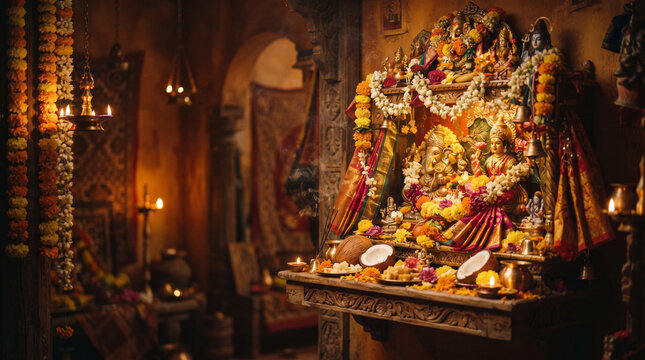 Ornate Indian shrine with deities, flowers, and lit lamps