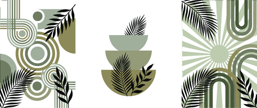 Boho chic wall art vector posters pack combining mid century arches circle layers and black tropical palm fronds