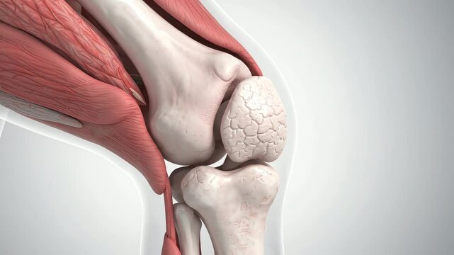 Inflamed knee joint gradually improving following anti-inflammatory treatment, showing reduced swelling around the joint and smoother movement between anatomically consistent cartilage 