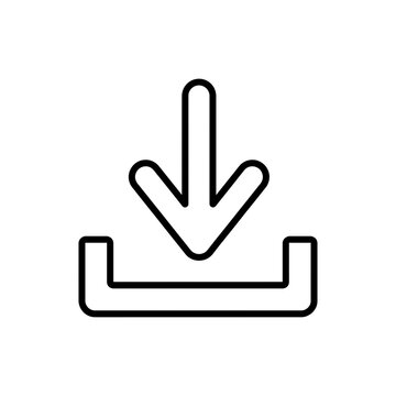 A clean black and white line art vector icon featuring a download arrow descending into a tray, suitable for website navigation, mobile app interfaces, or document management systems.vector