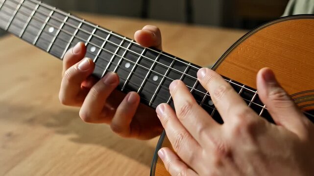 ?Acoustic guitar fingerpicking closeup: masterful hand techniques in action
