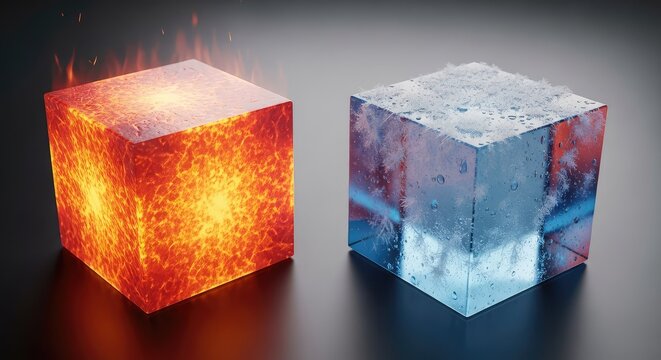 Two geometric cubes sit on a dark surface. One glows with fiery orange heat, while the other is composed of frozen blue ice and frost, physics, composition, blaze