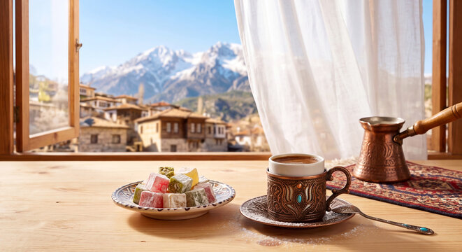 Traditional Turkish coffee cup and Turkish Delight pieces with beautiful scenic view of snow-capped Taurus mountains and historical village background in Turkey.