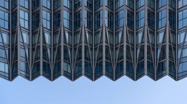 An abstract reflection of a modern skyscraper against a clear blue sky, creating a zigzagging geometric pattern