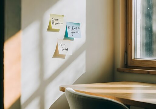 Three motivational sticky notes stuck on a wall next to a window with sunlight casting shadows