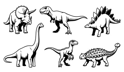 Black and White Dinosaur Study Sheet Vector Set with Six Prehistoric Species © Md Humaun