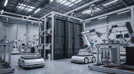 Fototapeta premium advanced robotics computing hub inside a smart manufacturing factory featuring autonomous mobile robots automated mechanical arms and massive server racks