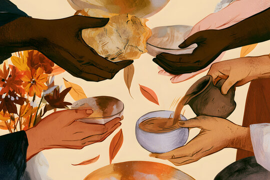 感謝祭の食事を分かち合う多様な人々 秋の収穫と感謝を表す温かなイラスト