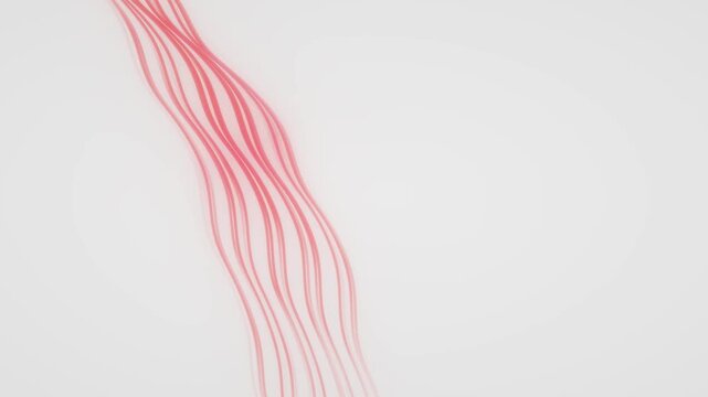 Delicate pink linear fibers undulating diagonally over a clean off white minimal background in an organic 3D motion graphic
