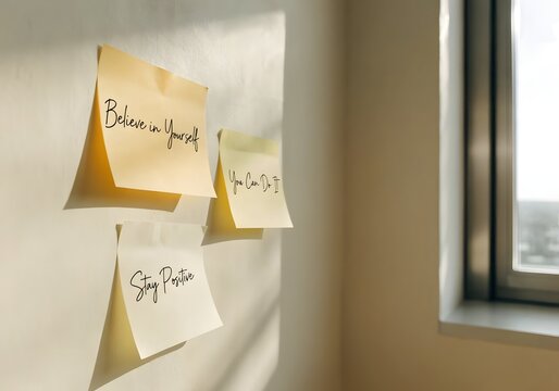 Three motivational sticky notes adhered to a lightcolored wall with inspiring handwritten messages about selfbelief and positivity