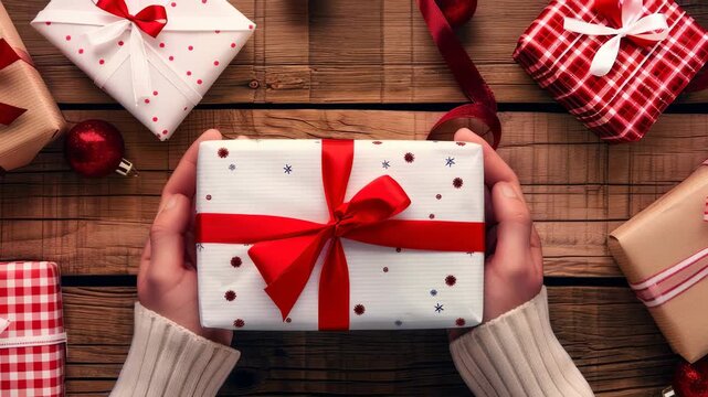 Overhead shot featuring a person presenting a wrapped gift with red ribbon against a backdrop of wooden surface amidst other gifts and festive ornaments. A cheerful celebration concept.