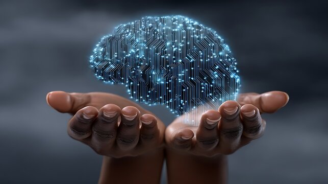 Glowing blue digital network sphere held in human hands against dark background data