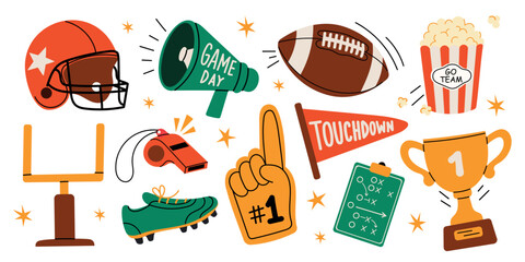 Fototapeta premium American football set. Flat vector illustration isolated on white background.