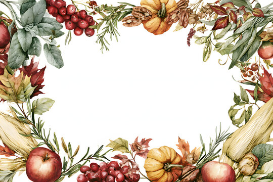 Autumn Harvest Frame with Pumpkins and Fall Leaves Thanksgiving Botanical Background