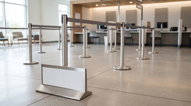 Retractable belt stanchion queue divider in a modern office lobby with minimalist professional decor