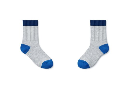 Two pairs of blue and white striped socks laid out on a white surface