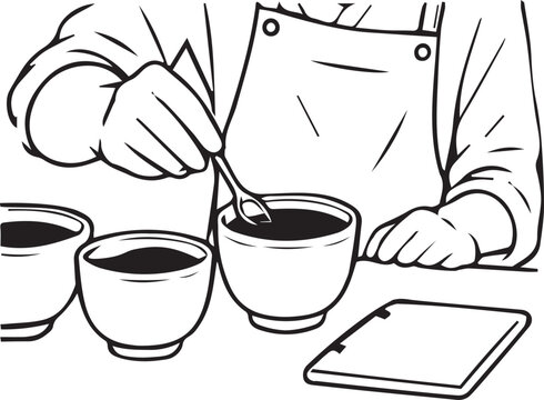 Barista tasting coffee with a spoon during a professional coffee cupping session. Black and white vector line art outline for coffee roasting, quality testing, coloring pages, KDP, and art.