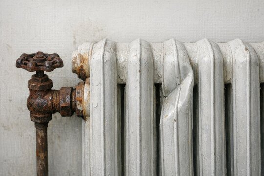 A worn-out radiator with corrosion on its exterior, featuring a rusty pipe protruding from the side
