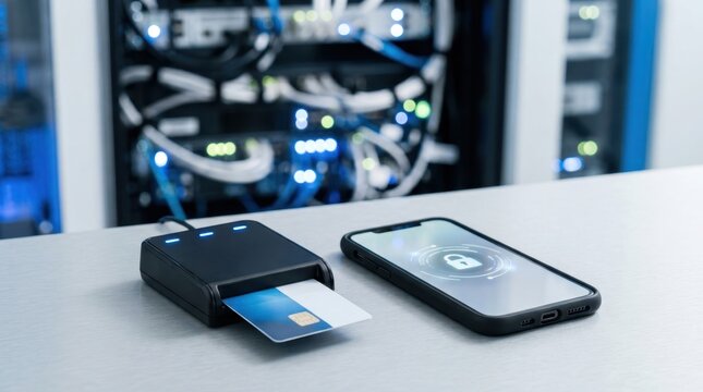 Cloud connected contactless card reader beside smartphone with tokenized payment hardware, symbolizing payment as a service.