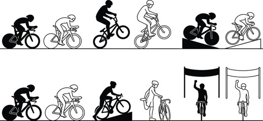 Fototapeta premium Cycling silhouette icons set, professional bicycle racing and bmx stunt vector elements, competitive road bike athlete and winner finish line graphics