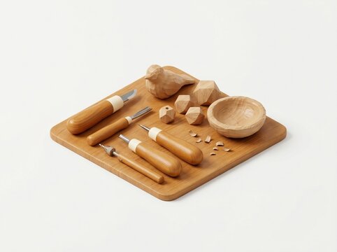 Wooden craft tools and unfinished handmade shapes for offline leisure activities