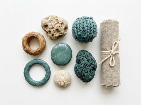 Mindfully arranged textured stones rings and fabric for grounding present moment practice