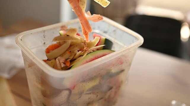 Close-up of mixed fruit and vegetable kitchen scraps collected in a reusable plastic container for composting and organic waste recycling.