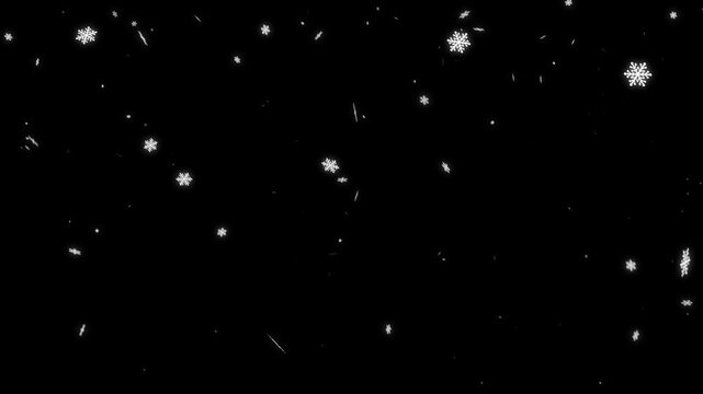 Beautiful loop falling moving white snowflake particles animaiton on black abstract Background for screen project overlay.