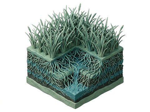 Salt marsh grasses with layered roots enhancing stormwater management for coastal resilience