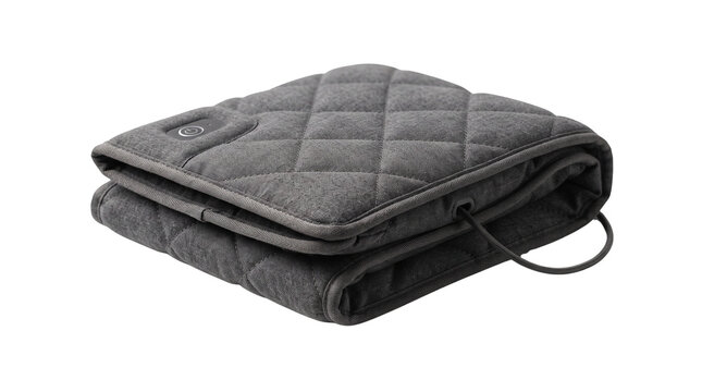 Electric heated blanket in charcoal gray, folded quilted heating pad with power button, soft fleece thermal throw for winter comfort and pain relief