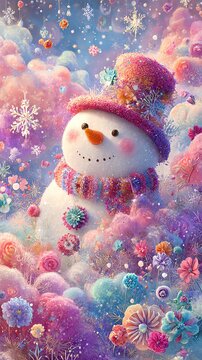 Joyful snowman surrounded by colorful clouds.