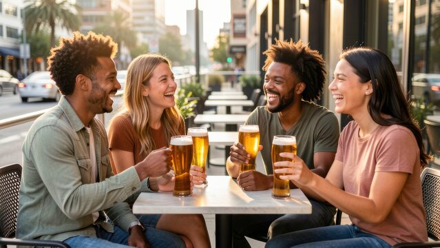joyful multiracial friends laughing with craft beer at an upscale outdoor city cafe during golden hour for lifestyle advertising
