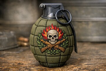 Obraz premium A green grenade with a skull and crossed guns, perfect for military or conflict-themed projects
