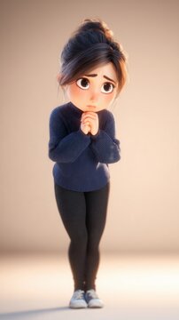 A stylized character looking apprehensive, with a blue sweater and black leggings, against a soft backdrop