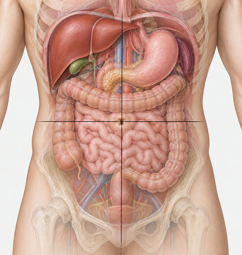 Human Abdominal Organs Divided Into Four Quadrants