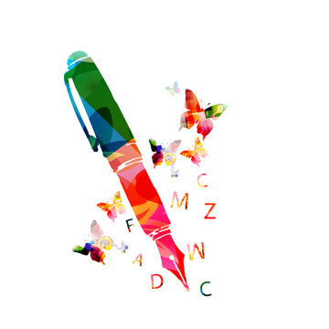 Fountain Pen with Alphabet and Education Concept Vector Illustration
